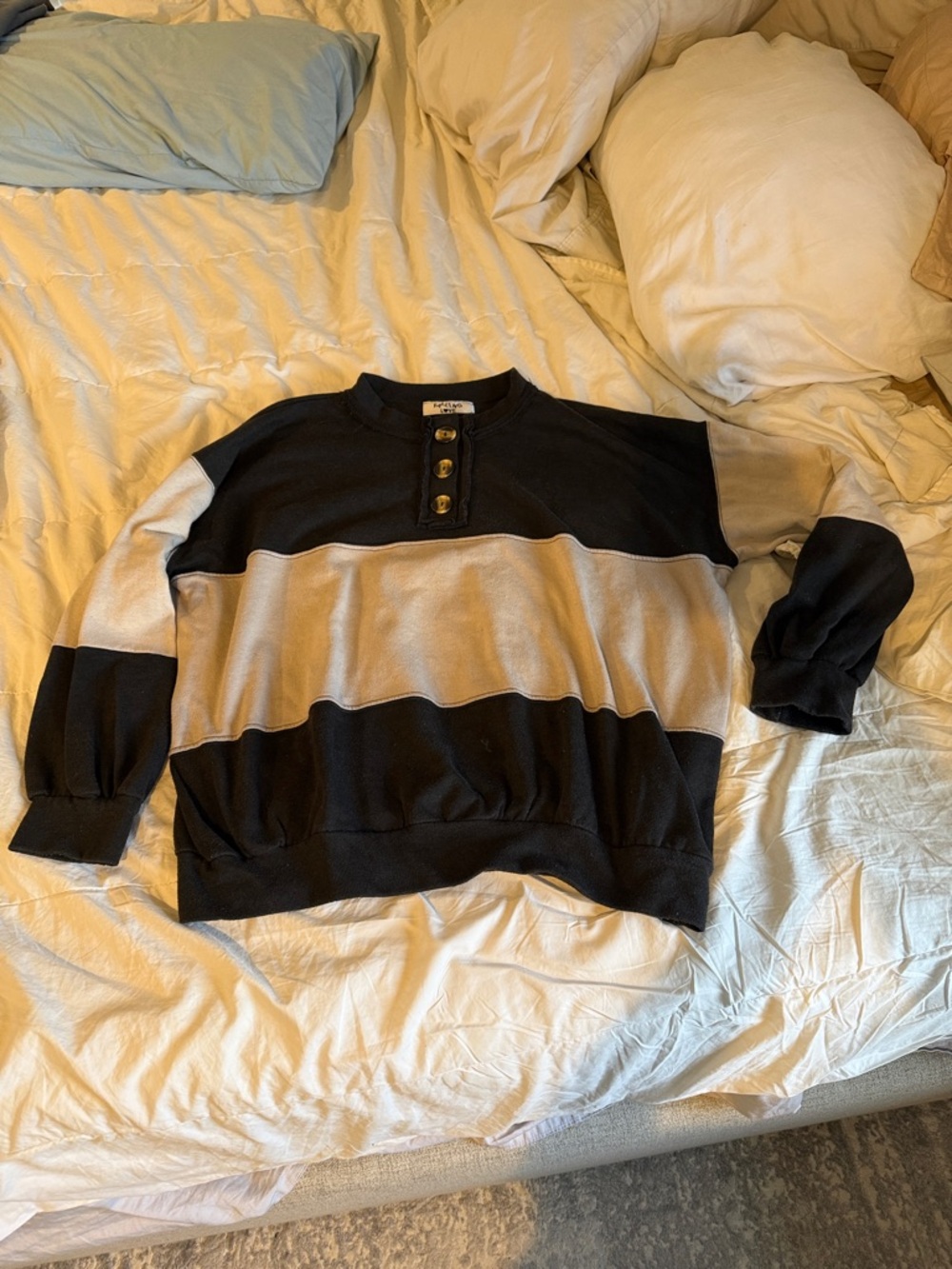 Falling love women’s Black and Beige Striped Pullover Sweater with Button Neck